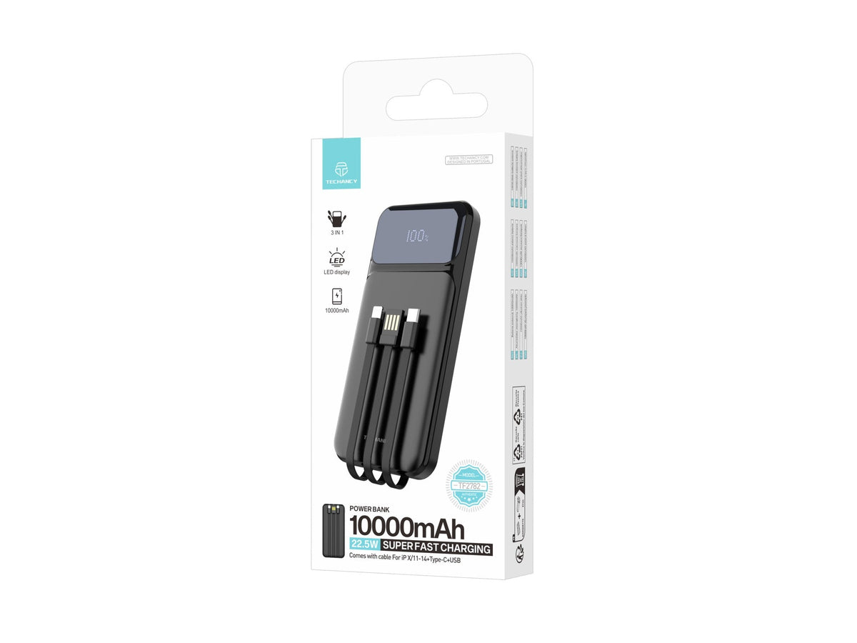 Techancy Power Bank 10000mAh 22,5W com Cabos 3 em 1 e Ecrã Digital