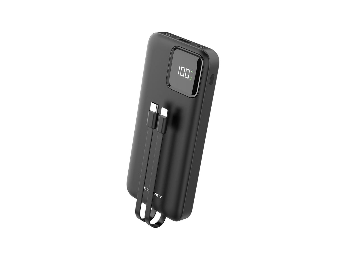 Techancy Power Bank 10000mAh com Cabo 2 em 1 e Ecrã Digital · Preto