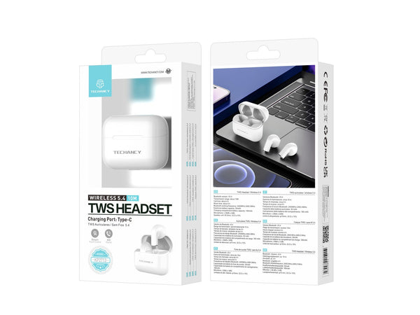 Techancy Auriculares TWS Bluetooth 5.4 USB-C · Branco